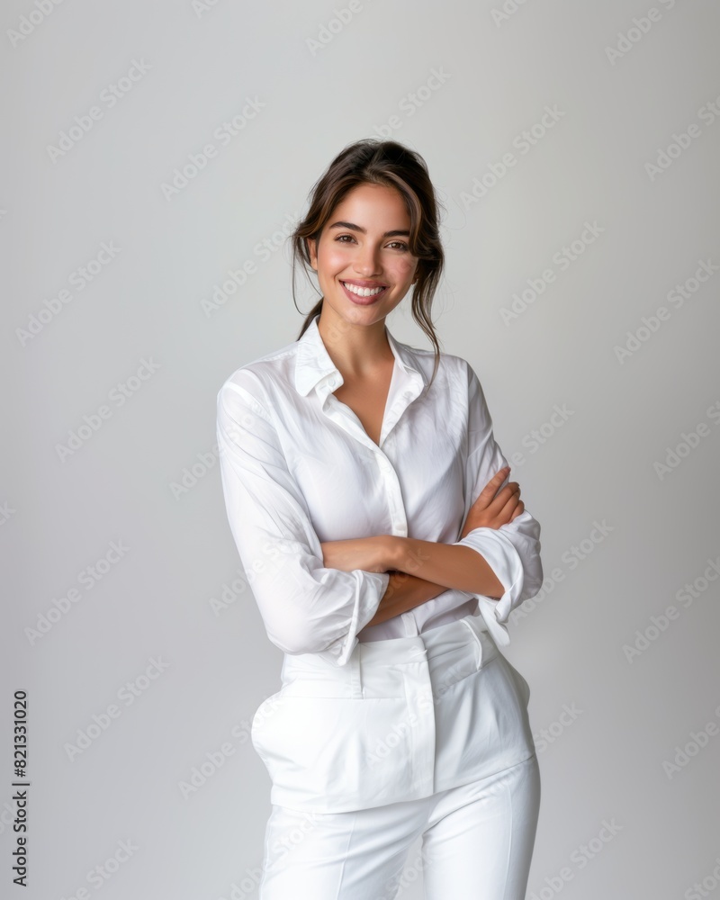 Stylish young brunette woman smiling on a white background. Beauty and fashion. Style. Stylish young brunette woman smiling on a white background. Beauty and fashion. Style.