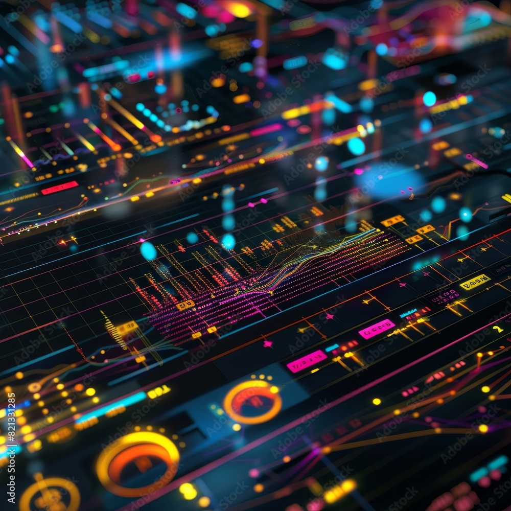 Abstract visualization of data analysis with colorful digital graphs and charts representing big data and futuristic technology. Abstract visualization of data analysis with colorful digital graphs and charts representing big data and futuristic technology.