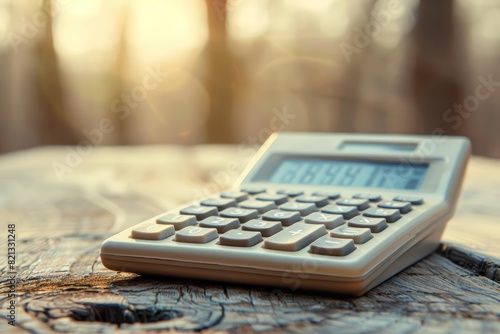 A single calculator on a wooden background with a blurred backdrop suitable for advertising