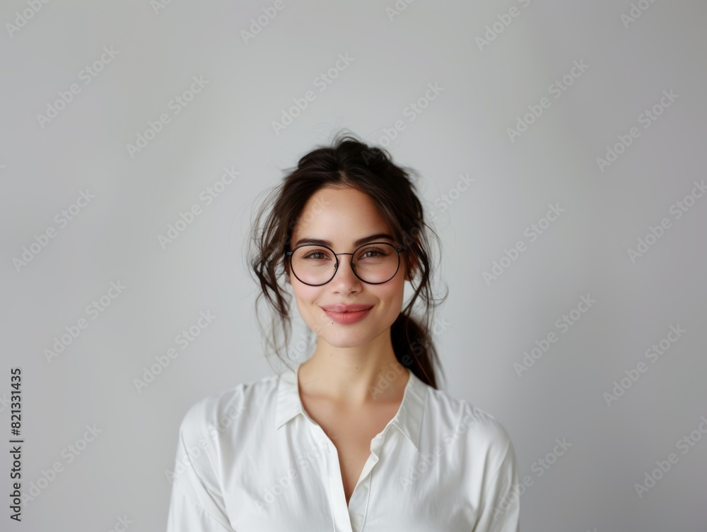 Stylish young brunette woman smiling on a white background. Beauty and fashion. Style. Stylish young brunette woman smiling on a white background. Beauty and fashion. Style.