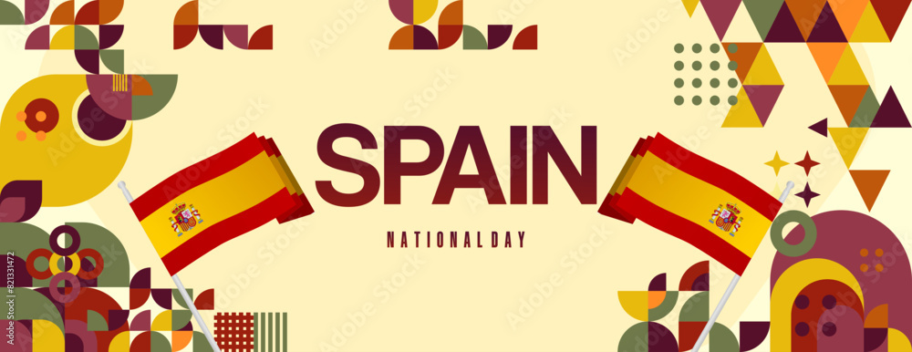 Fototapeta premium Spanish National Day wide banner in colorful modern geometric style. National and Independence Day greeting card with Spain flag. Background celebrating national holiday party