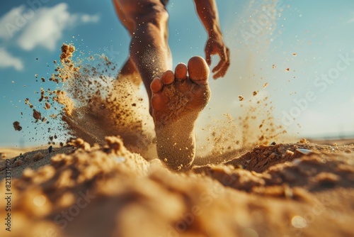 Intense Beach Volleyball Action Shot - Close-Up of Player's Feet Digging Into Sand During Jump, Perfect for Sports Gear Advertising photo