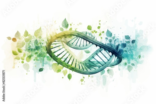 Artistic representation of a DNA double helix with green and blue watercolor splashes  symbolizing biology and genetics complexity.