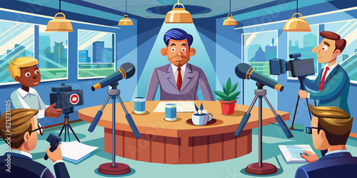 Journalists interview the director of the enterprise. Vector illustration