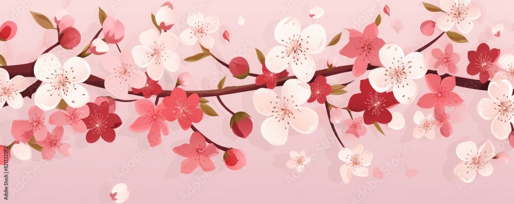 Beautiful illustration of cherry blossom branches with pink and white flowers on a soft pink background. Beautiful illustration of cherry blossom branches with pink and white flowers on a soft pink background.