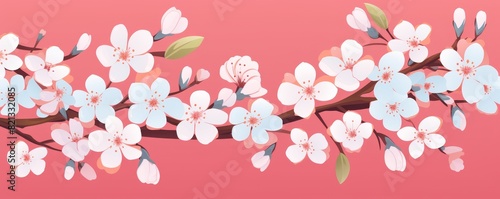 Beautiful cherry blossom branch with pastel pink and white flowers against a soft pink background, perfect for spring season themes. © PrusarooYakk