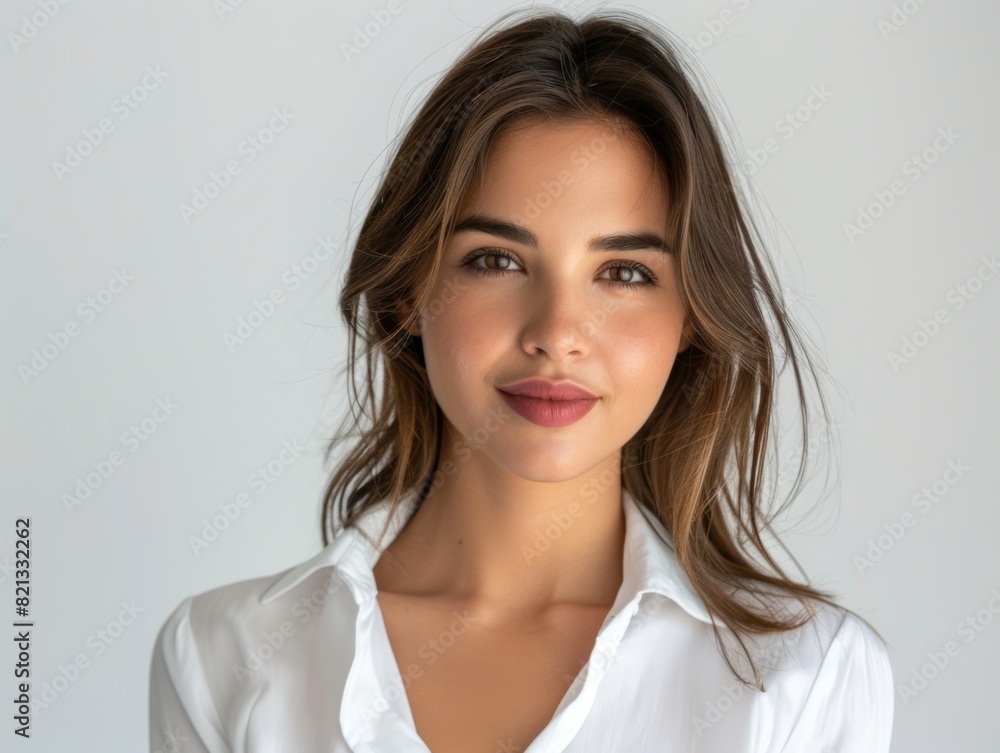Stylish young brunette woman smiling on a white background. Beauty and fashion. Style. Stylish young brunette woman smiling on a white background. Beauty and fashion. Style.