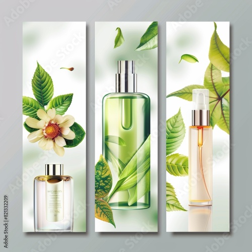 skincare banner design advertisement. this is 3 products banner with presentation. good looking custome/imaginer appealing, mininlisitic design. bright backgorund photo
