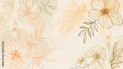 A flowery background with a green and orange flowers in the foreground on a soft beige background