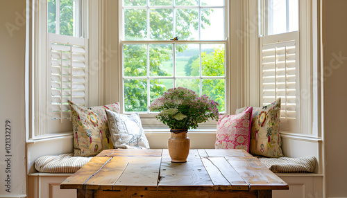 Wooden table near cozy bay window seat with cushions in room. Interior design
