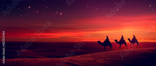 a stylized scene of three silhouetted figures riding camels across a desert landscape during sunset. The sky is filled with vibrant colors, ranging from deep purples and blues to bright oranges and pi photo