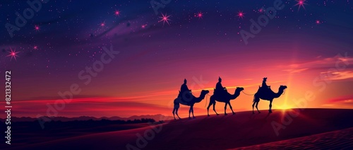 a stylized scene of three silhouetted figures riding camels across a desert landscape during sunset. The sky is filled with vibrant colors, ranging from deep purples and blues to bright oranges and pi
