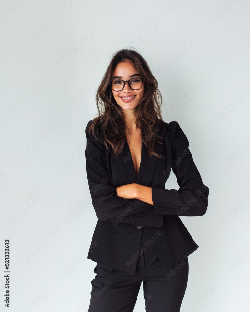 Stylish young brunette woman smiling on a white background. Beauty and fashion. Style. Stylish young brunette woman smiling on a white background. Beauty and fashion. Style.