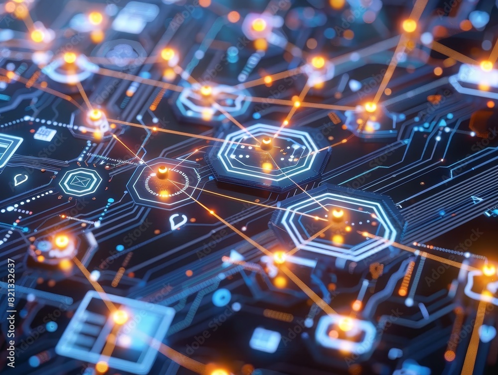 Close-up of a futuristic circuit board with glowing blue and orange connections, symbolizing advanced technology and high-speed data transfer. Close-up of a futuristic circuit board with glowing blue and orange connections, symbolizing advanced technology and high-speed data transfer.
