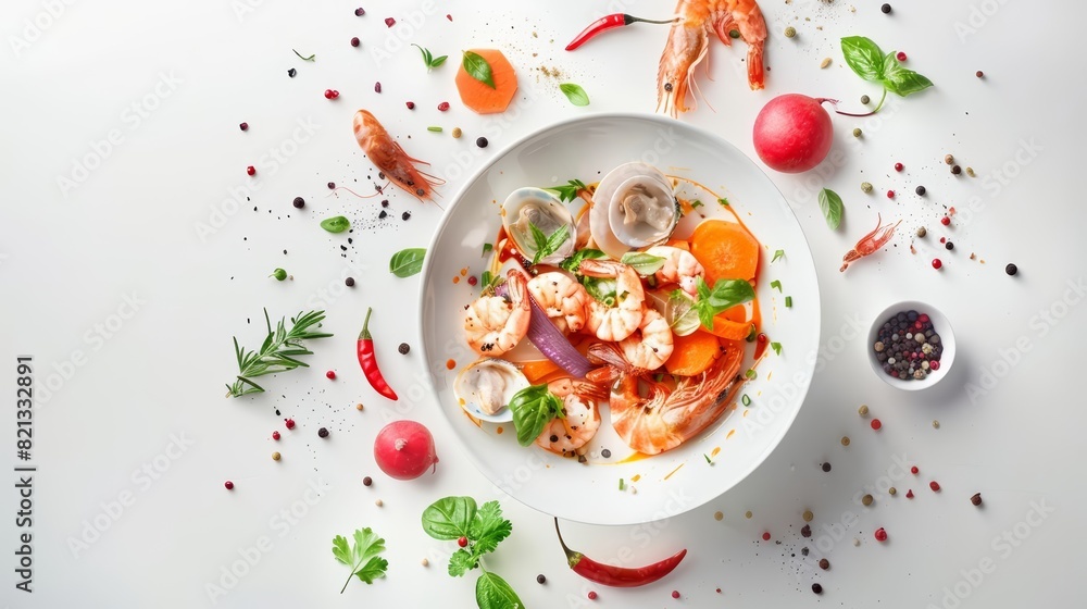 A topview of a bowl of seafood soup with floating ingredients like shrimp A topview of a bowl of seafood soup with floating ingredients like shrimp