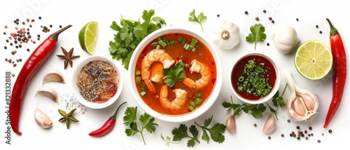 A topview of a bowl of seafood soup surrounded by various ingredients including garlic