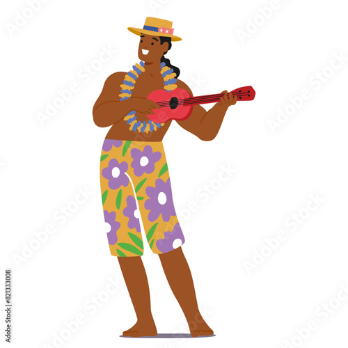 Joyful Hawaiian Man Playing The Ukulele, Adorned In A Colorful Floral Attire And A Traditional Lei, Vector