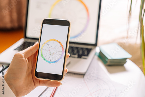 Εκτύπωση καμβά An astrologer draws up a natal chart using a laptop and smartphone