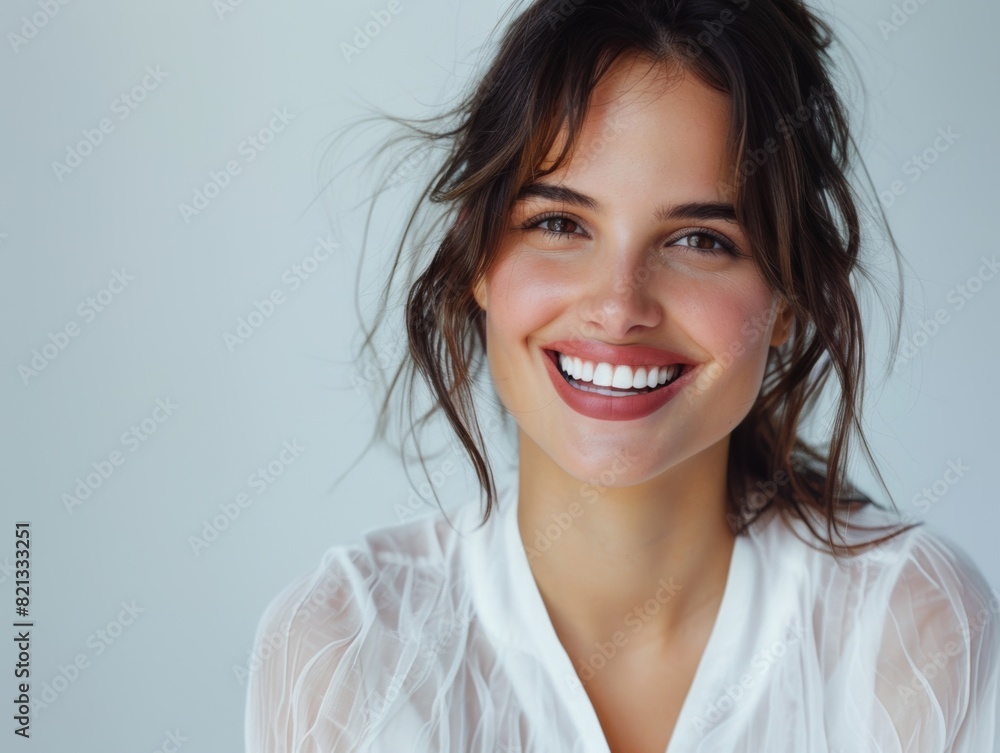 Stylish young brunette woman smiling on a white background. Beauty and fashion. Style. Stylish young brunette woman smiling on a white background. Beauty and fashion. Style.
