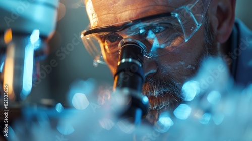 A scientist peering through a microscope at a sample of ice searching for evidence of neutrino interactions. photo