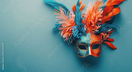 Colorful Mask With Feathers on Blue Background © olegganko