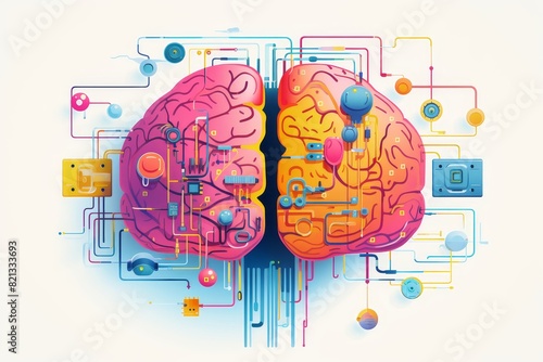 Colorful digital illustration of brain circuitry, representing creativity and analytical thinking. Ideal for AI, technology, and neuroscience themes. photo