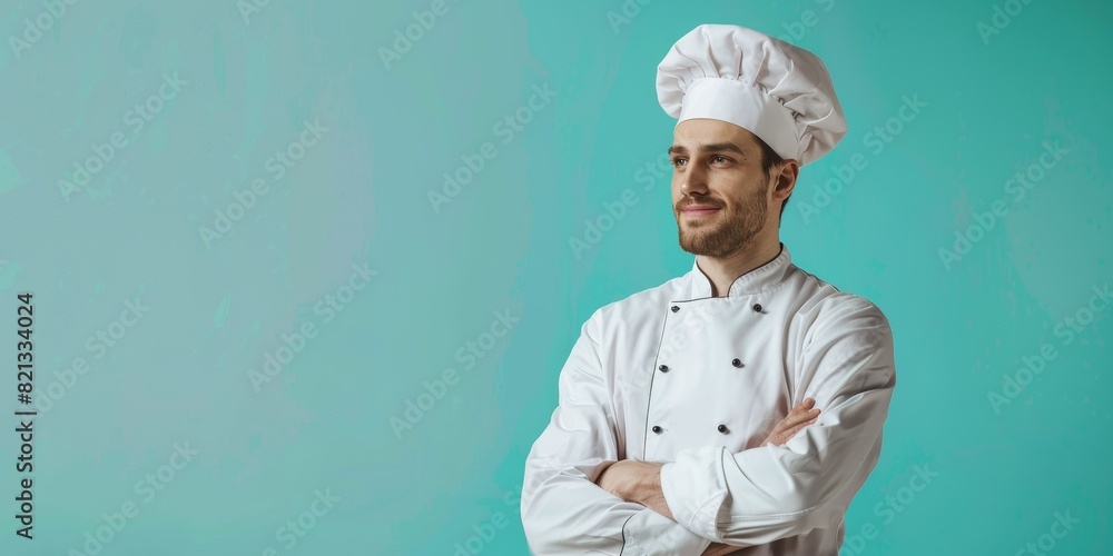 Young male chef in white uniform and toque standing with crossed arms against blue background Young male chef in white uniform and toque standing with crossed arms against blue background