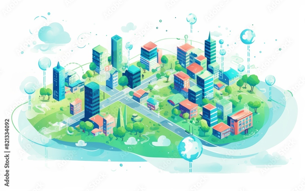 custom made wallpaper toronto digitalColorful isometric illustration of a modern cityscape with skyscrapers, trees, and streets, showcasing urban development and greenery integration.