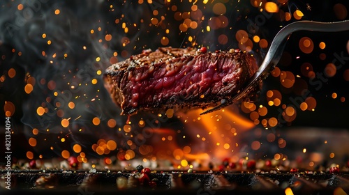 A juicy, slightly pink steak is pierced by a metal fork. Flames and sparks rise from underneath, illuminating the tender meat. photo