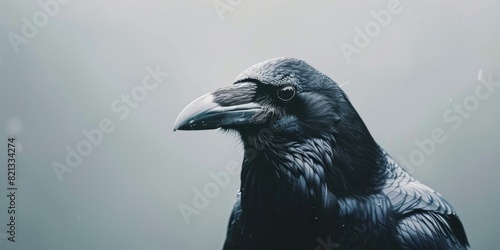 A close-up of a raven with a white background photo