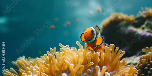 A clownfish and anemone in the ocean.