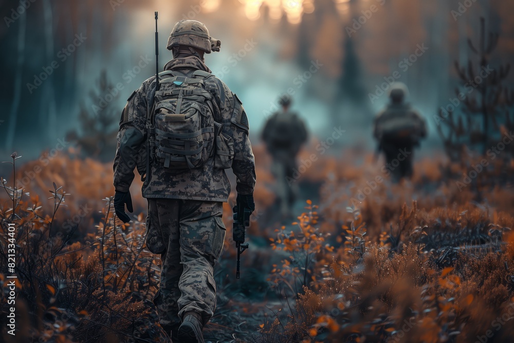 Soldiers marching through misty autumn forest Soldiers marching through misty autumn forest