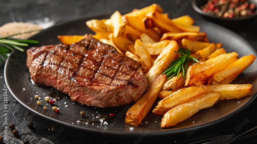 A juicy, slightly pink steak with crispy fries on a stylish black plate against a dark background. A juicy, slightly pink steak with crispy fries on a stylish black plate against a dark background.