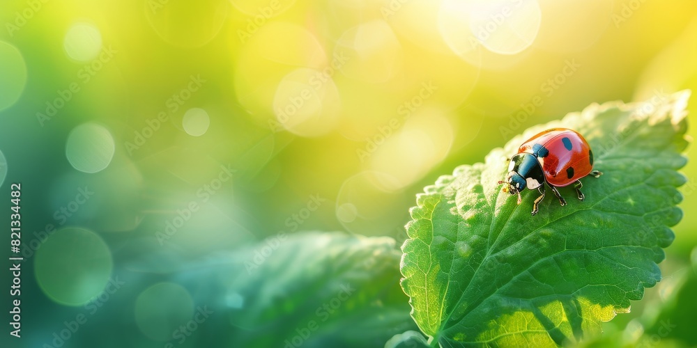 A ladybug on a green leaf in the morning sun. A ladybug on a green leaf in the morning sun.