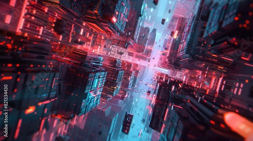 The image is a 3D rendering of a city. The city is made up of tall buildings, and the streets are filled with traffic. The colors in the image are bright and vibrant, and the overall effect is one of
