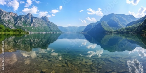 Beautiful mountain lake with crystal clear water reflecting the sky