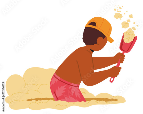 Focused Young Child In A Cap And Swim Shorts Builds A Sand Castle On A Beach, Diligently Shoveling Sand, Vector