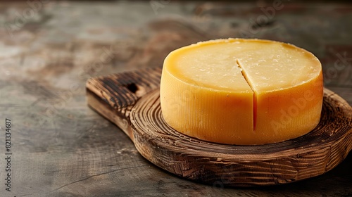 A large round cheese made from cow's milk sits on a wooden board. This is a Turkish Gruyere cheese. There is empty space for you to add text. photo