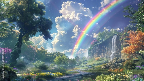 A magical land where colors dance in the sky. A rainbow stretches across a dreamy background  inviting you to a realm of wonder.