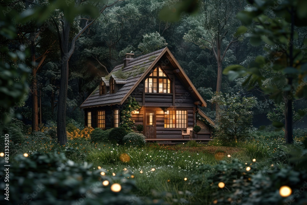 A cozy log cabin is nestled in a forest clearing, surrounded by trees and illuminated by fairy lights. A cozy log cabin is nestled in a forest clearing, surrounded by trees and illuminated by fairy lights.