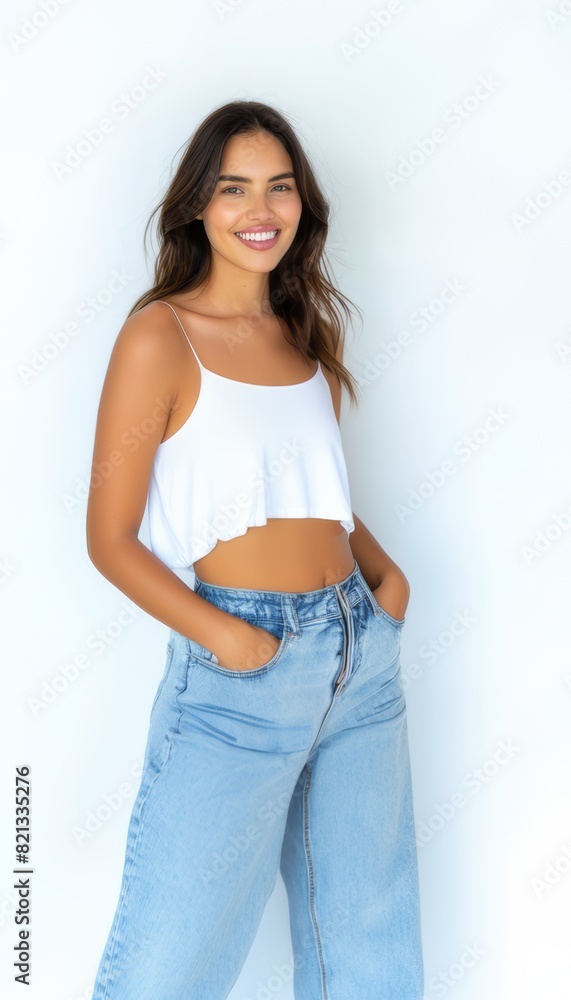 Stylish young brunette woman smiling on a white background. Beauty and fashion. Style. Stylish young brunette woman smiling on a white background. Beauty and fashion. Style.