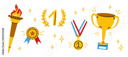 Award hand drawn elements set. Trophy cup, torch with burning fire and first place gold medal and ribbon prize. Success, sport victory. Modern vector illustration