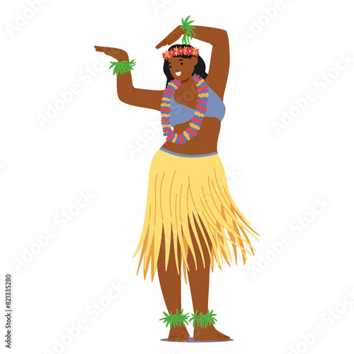 Cartoon Hawaiian Woman Dancer Character Engaged In Traditional Hula Dance. Female Dancer With Colorful Lei, Skirt