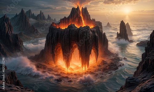 rocky island on fire, lava flowing into the sea, the sky on fire, and the sun setting on the horizon. photo