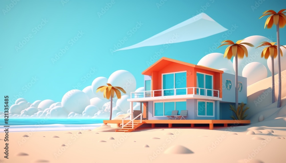 Cozy beachfront house with palm trees and clear blue sky, perfect for a summer vacation or relaxing getaway in a tropical paradise. Cozy beachfront house with palm trees and clear blue sky, perfect for a summer vacation or relaxing getaway in a tropical paradise.