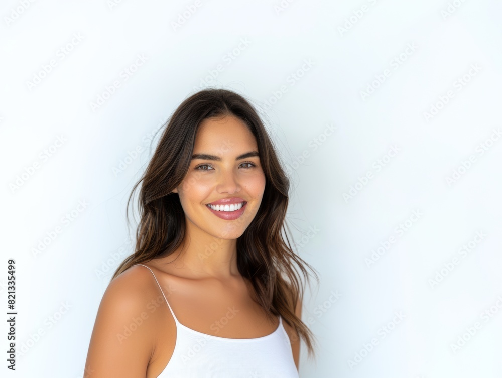 Stylish young brunette woman smiling on a white background. Beauty and fashion. Style. Stylish young brunette woman smiling on a white background. Beauty and fashion. Style.