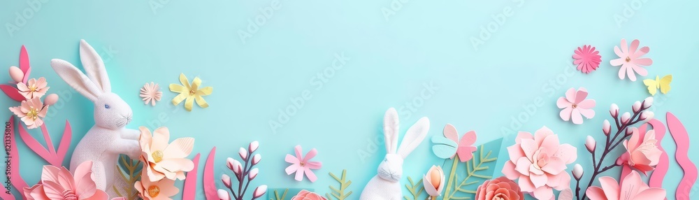 Minimal blank template card for Easter Sunday in pastel styles, featuring elements of spring arrival and bunny icons, with a large copy space on center for text Minimal blank template card for Easter Sunday in pastel styles, featuring elements of spring arrival and bunny icons, with a large copy space on center for text