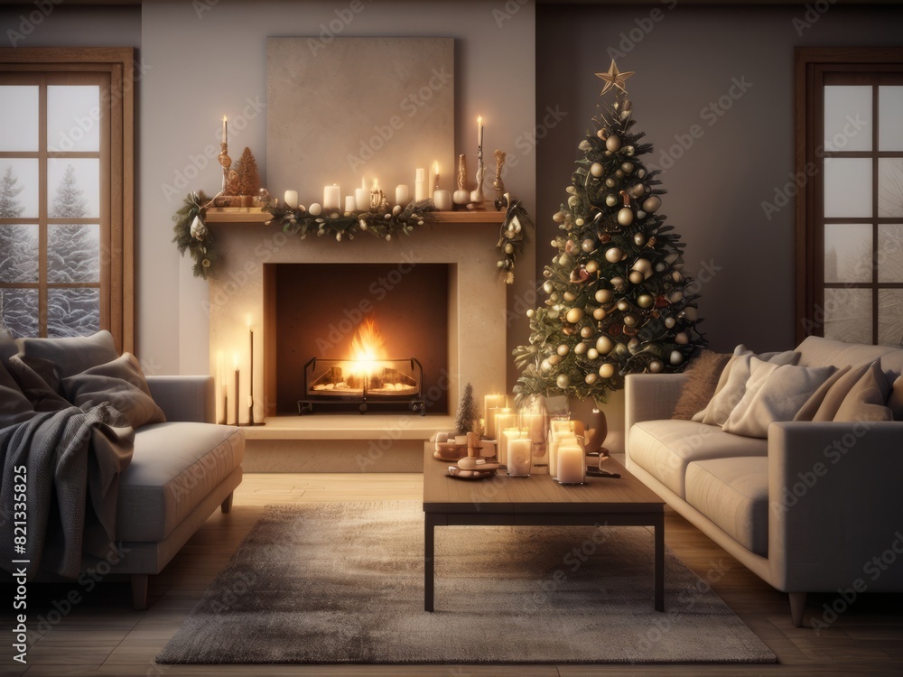 Fototapeta premium Create a holiday sanctuary in your living room with a glowing fireplace and enchanting festive adornments.