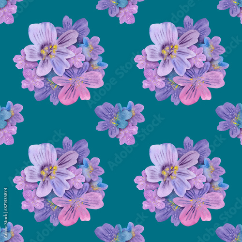 Seamless pattern of Watercolor flowers floral lilac bouquet round. Hand drawn illustration. Botanical painted floral elements on blue green background. Spring flower drawing. For fabric, wallpaper