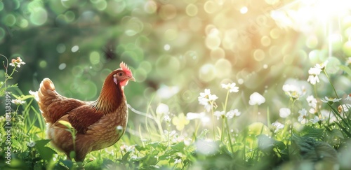 Chicken Standing on Lush Green Field